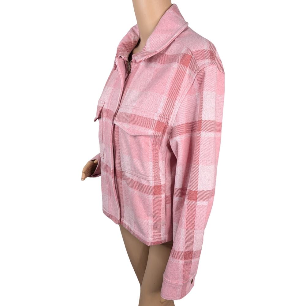 Old Navy Pink Plaid Relaxed Shirt Jacket Full Zip Cropped Utility Shacket M - Picture 8 of 12